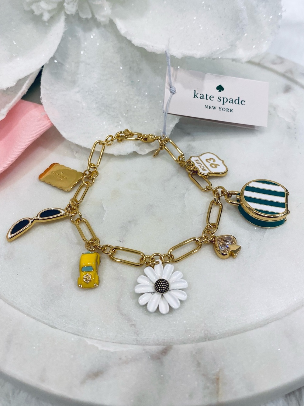 Kate Spade off we go Charm Bracelet sun yellow car, daisy, suit case, route 93